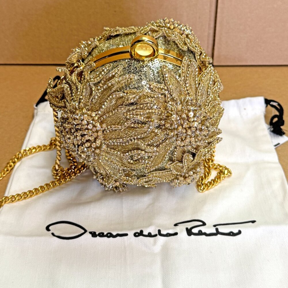 OSCAR DE LA RENTA Crystal Sunflower Embroidery Billiard Bag In Beige - Picture 8 of 11